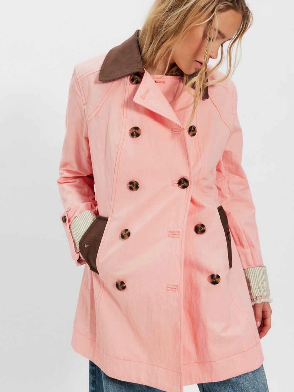 Free People Pink Trench Coat with Brown Contrast Collar